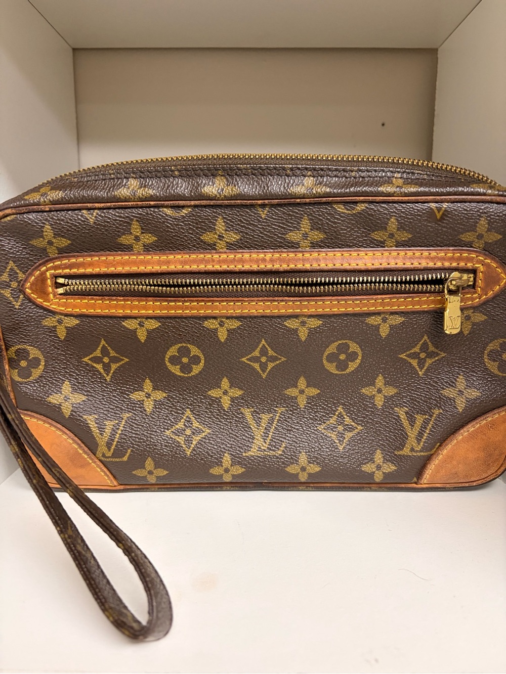 Louis Vuitton Brown Monogram Zip Wristlet with Tan Trim